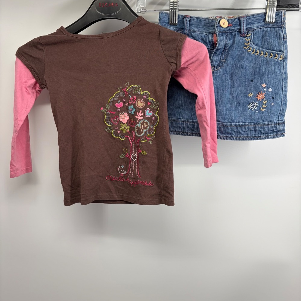 OshKosh Toddler Girls Embroidered Tree Shirt and Denim Skort Set 4T Brown Blue